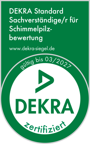 DEKRA-Siegel: zertifizierter Sachverständiger für Schimmelpilzbewertung, gültig bis 03/2027