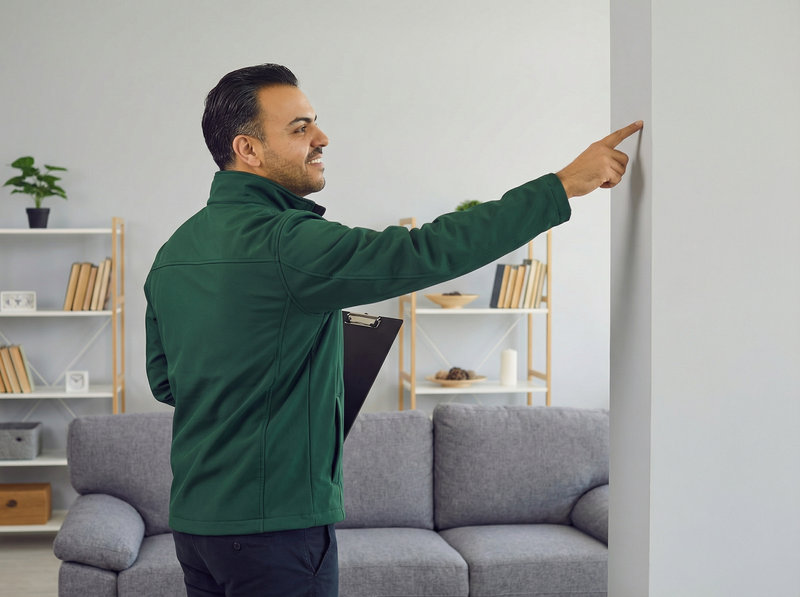 Mann mit Klemmbrett zeigt auf eine Stelle an der Wand eines Wohnraums
