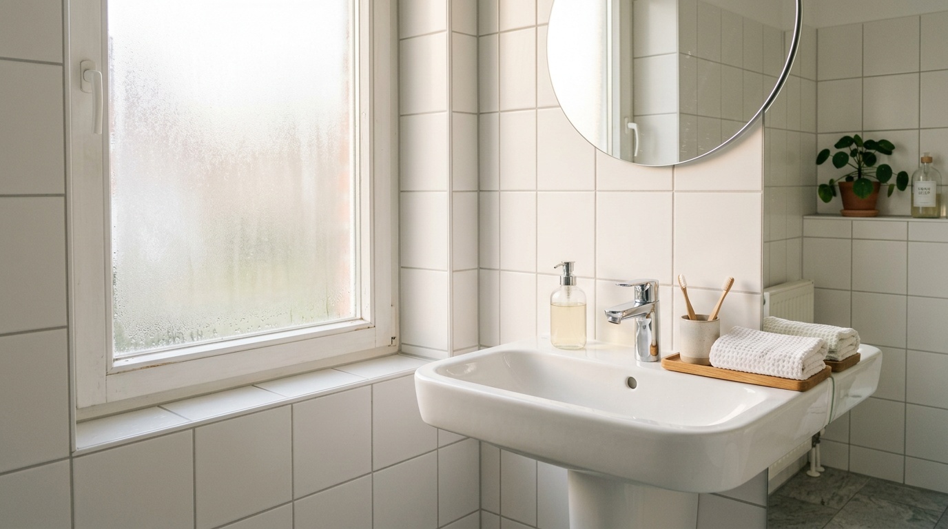 Waschbecken und beschlagenes Fenster in einem gefliesten Badezimmer