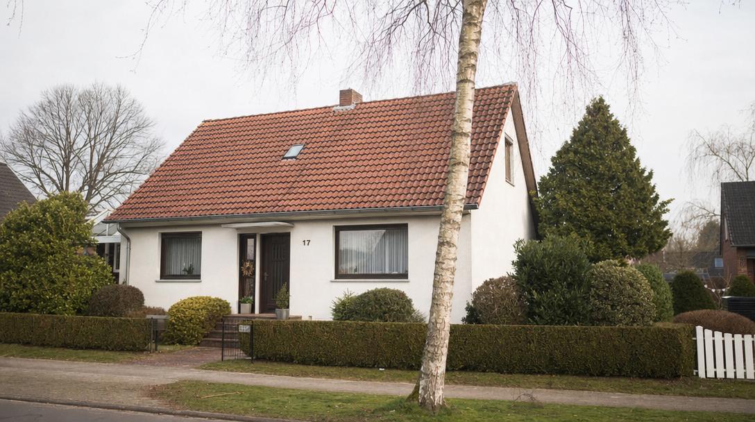 Einfamilienhaus mit rotem Ziegeldach und Vorgarten