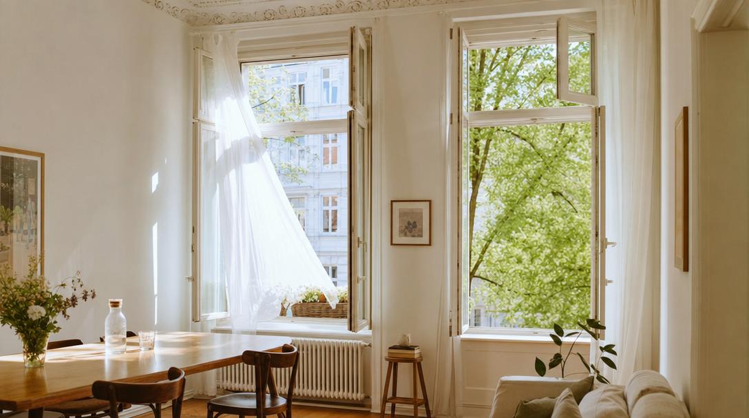Geöffnete Fenster in einem hellen Altbauzimmer