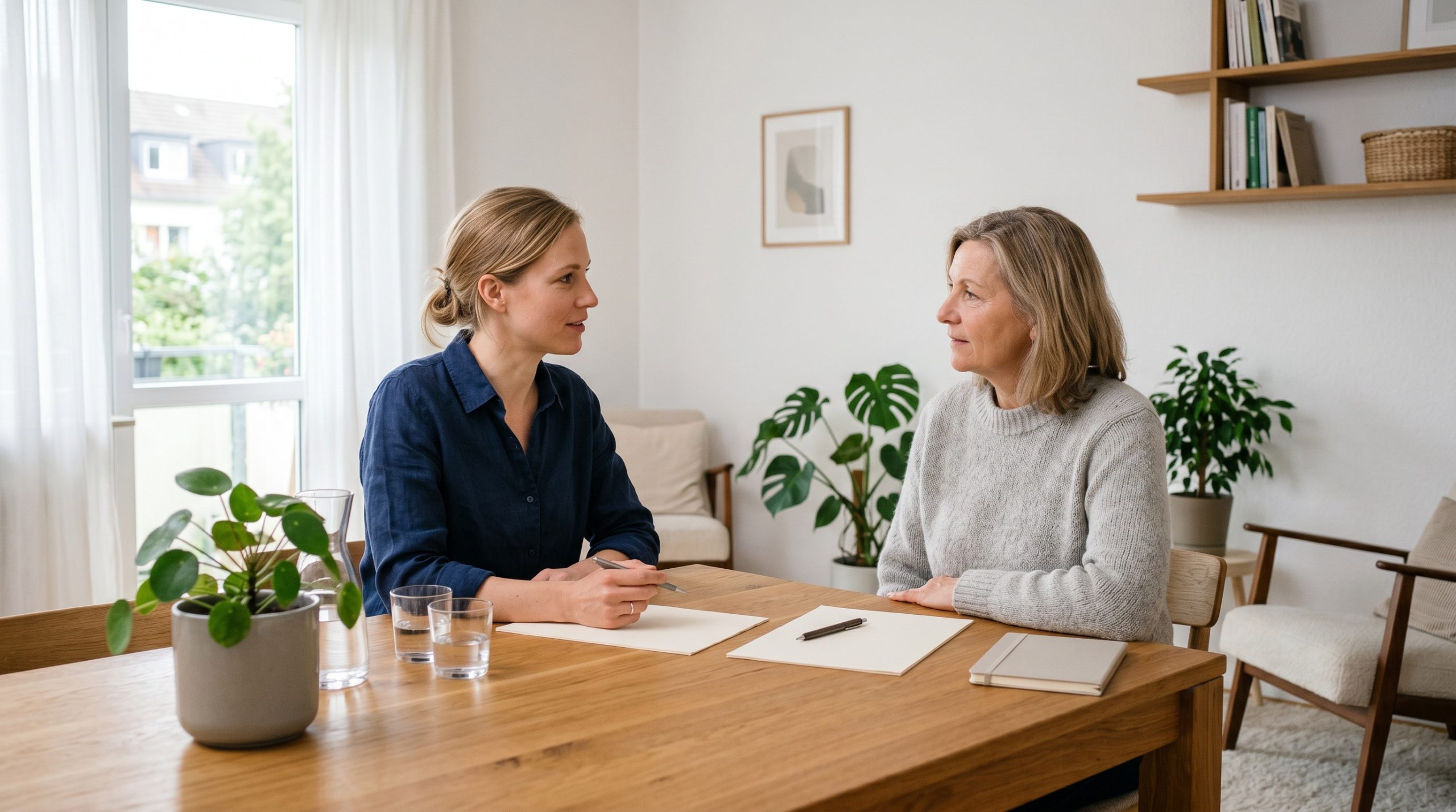 Zwei Frauen im Gespräch an einem Tisch mit Unterlagen