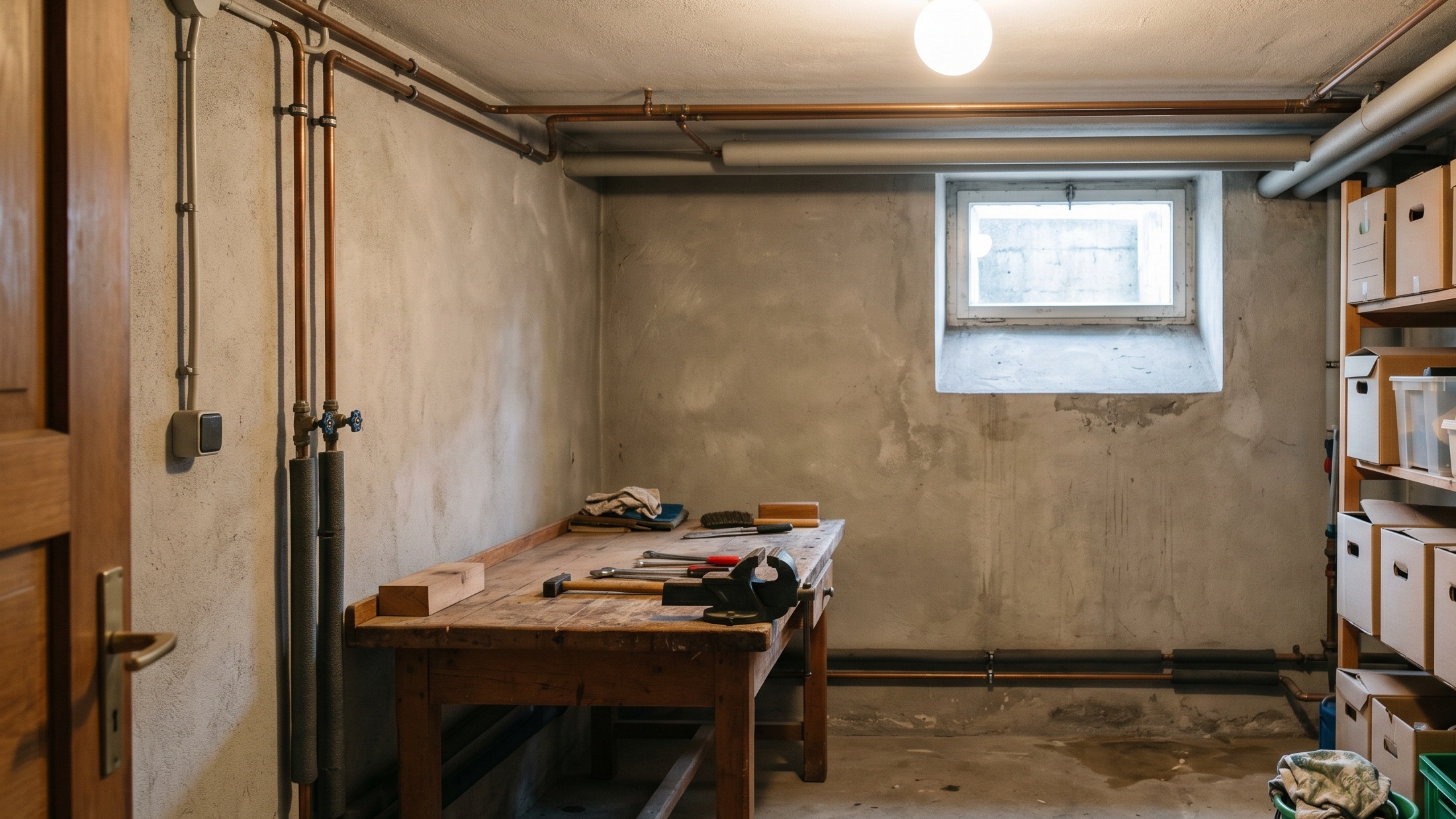 Kellerraum mit Rohrleitungen, Werkbank und fleckigen Wänden