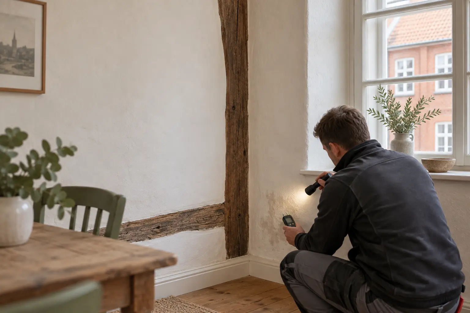 Fachkraft untersucht eine fleckige Wand neben freiliegenden Holzbalken