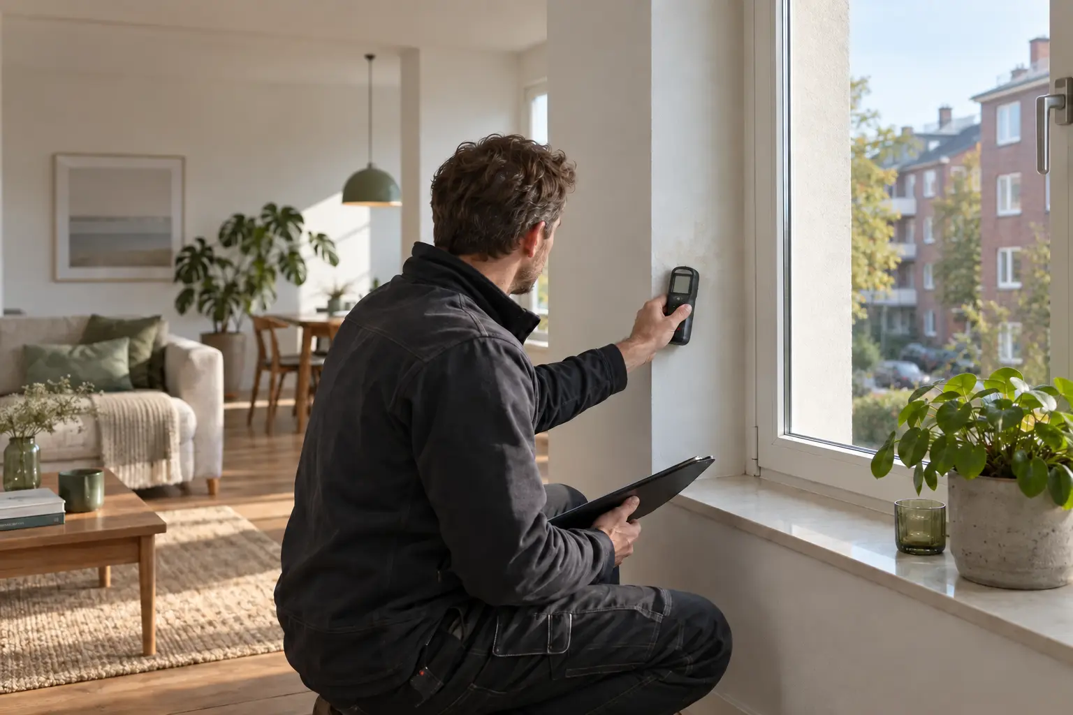 Fachkraft prüft eine Fensterlaibung mit einem Feuchtemessgerät