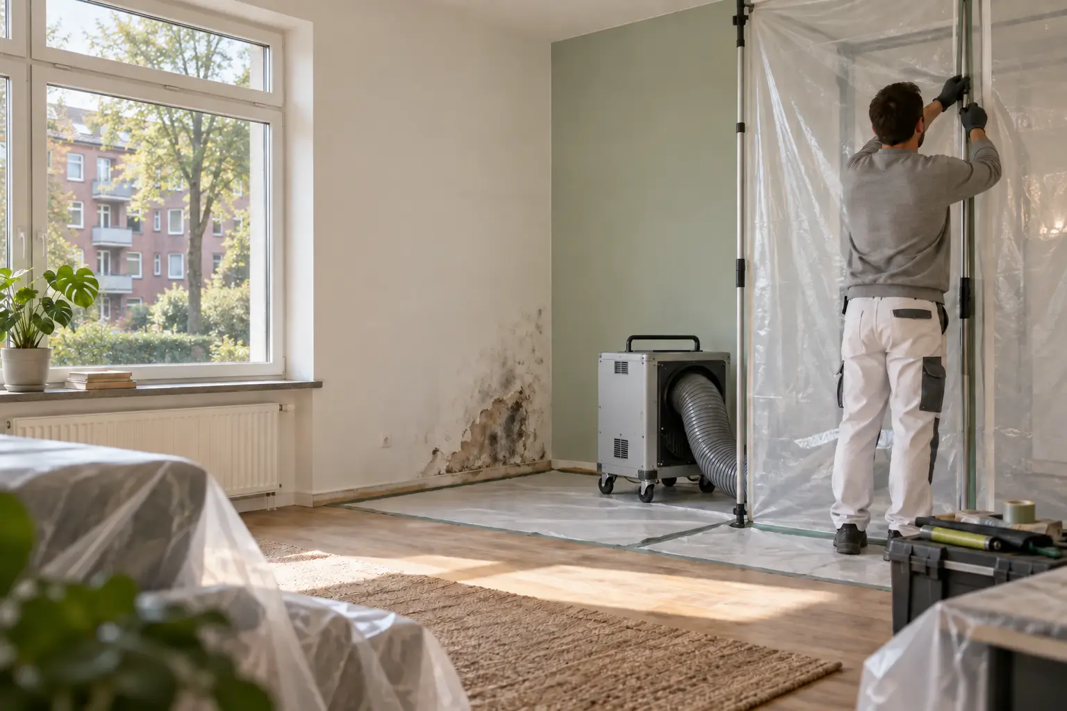 Fachkraft richtet einen abgeschotteten Arbeitsbereich für eine Schimmelsanierung ein