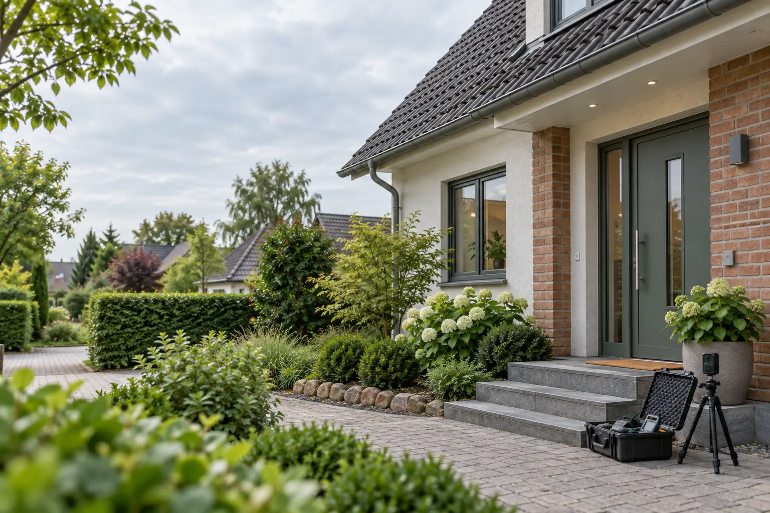 Wohnhaus mit Messgeräten im offenen Koffer vor dem Eingang
