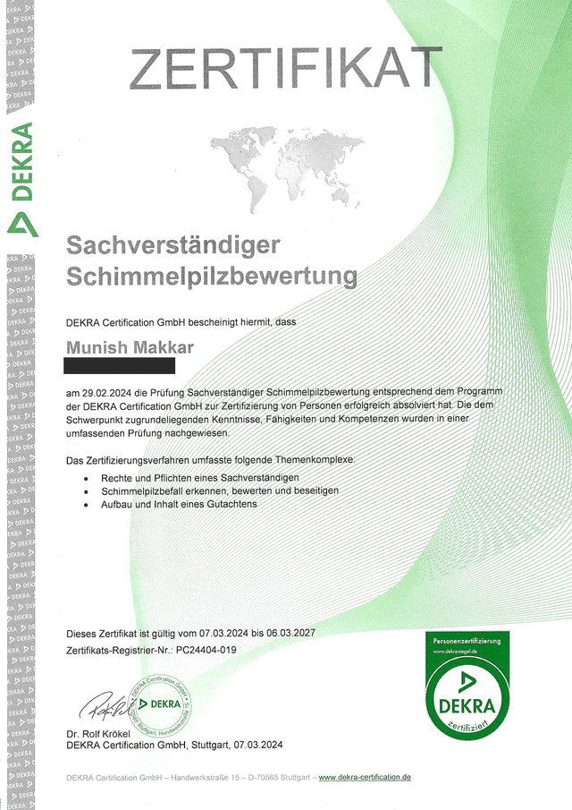 DEKRA-Zertifikat für Munish Makkar: Sachverständiger für Schimmelpilzbewertung
