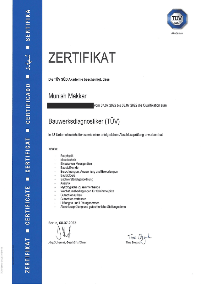 TÜV SÜD Akademie Zertifikat für Munish Makkar: Bauwerksdiagnostiker (TÜV)