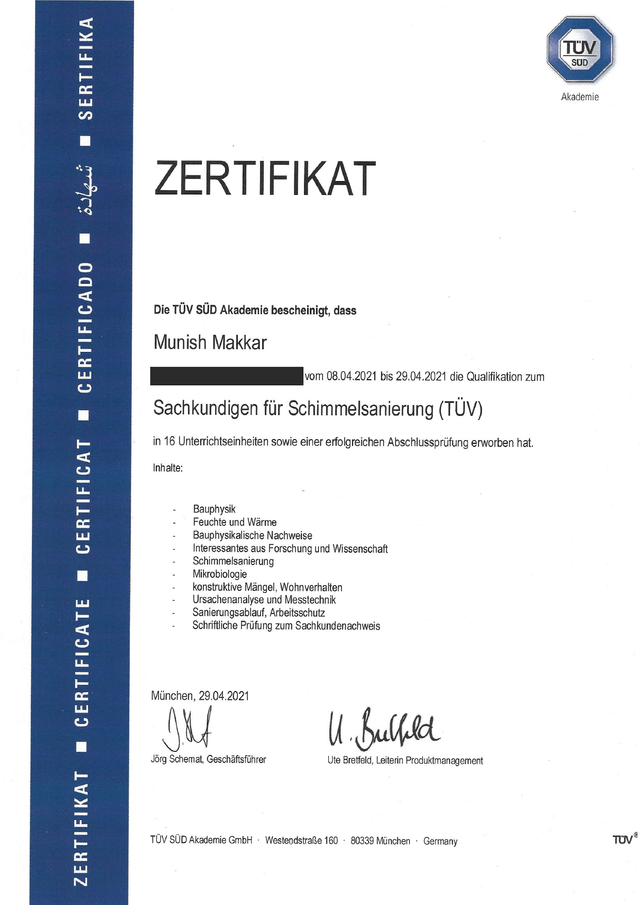 TÜV SÜD Akademie Zertifikat für Munish Makkar: Sachkundiger für Schimmelsanierung (TÜV)