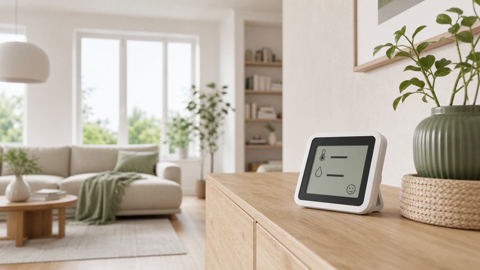 Digitales Hygrometer auf einem Sideboard in einem hellen Wohnraum