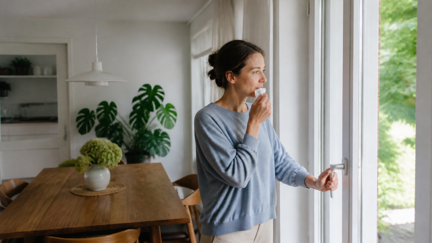 Erwachsene Person öffnet in einer hellen Wohnung ein Fenster und hält ein Taschentuch an die Nase