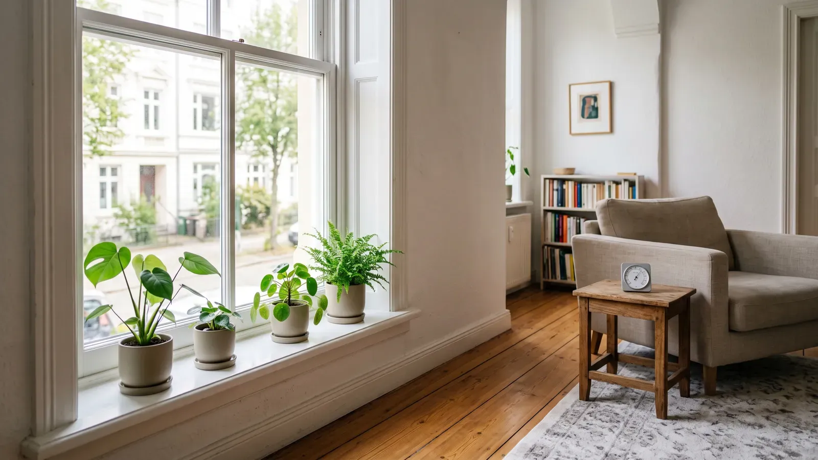 Heller Altbauraum mit klarem Fenster, Zimmerpflanzen auf der Fensterbank und kleinem Hygrometer auf dem Beistelltisch