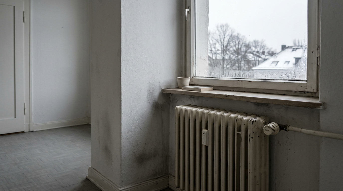 Zimmer mit Heizkörper unter dem Fenster und dunklen Flecken in der Wandecke, draußen liegt Schnee