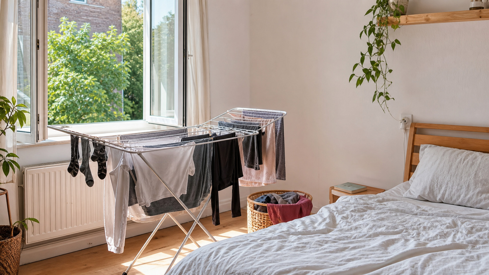 Schlafzimmer mit Wäscheständer vor dem geöffneten Fenster