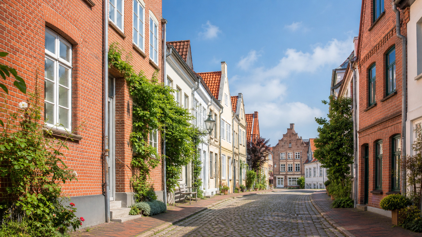 Kopfsteinpflasterstraße mit historischen Backstein- und Giebelhäusern